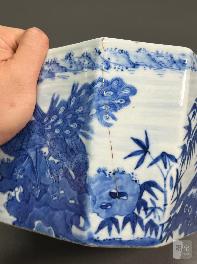 清道光  青花“五客图”诗文八方水指（带日本茶道配盖） - 图21